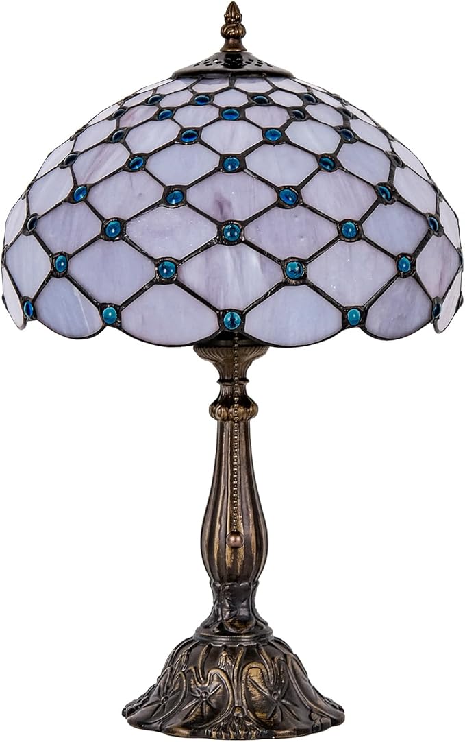 Tiffany Lamp Vintage White Grey Stained Glass Bead Table Lamp Desk Bedside Reading Light Decor Bedroom Living Room Home Office D12*H18 Inches