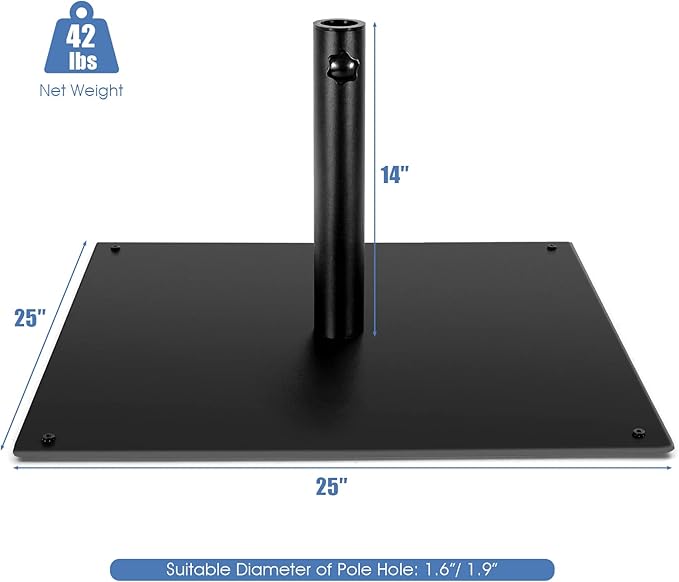 Tangkula 42 LBS Patio Umbrella Base, 25 Inches Heavy Duty Square Market Umbrella Base Stand W/4 Non-Slip Pads, 1.6”/1.9” Adapters, Tightening Knob, Outdoor Umbrella Stand for Patio, Poolside