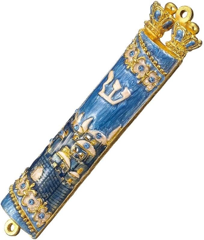 Matashi Hand Painted Mezuzah Gold Plated and Crystals (Blue Enamel Mezuzah Jerusalem City)