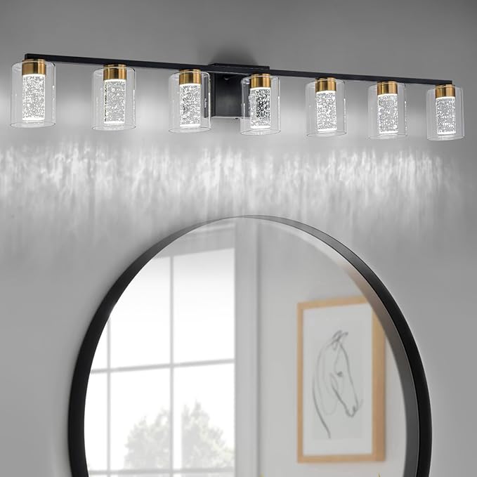 SineRise 7-Light Black and Gold Vanity Light with 3 Color Modes (3000K/4000K/6000K), Eye Protection LED Bathroom Light Fixture, Dimmable Modern Wall Light Over Mirror with Clear Glass Shade