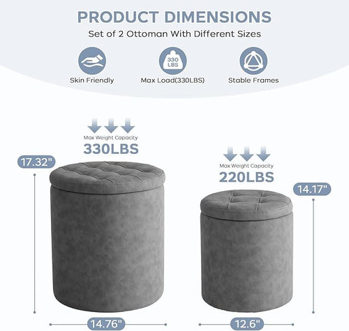 12.6" W x 14.17" H & 14.76" W x 17.32" H Round Set of 2 Ottoman with Storage Vanity Stool for Makeup Multifunctional Ottomans Padded Seat Foot Rest, Padded Seat Footrest for Living Room,Grey