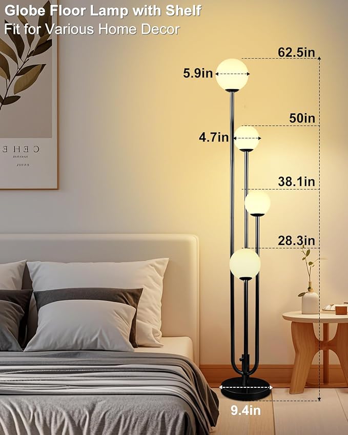 63IN 4-Light Dimmable Floor Lamp, Unique Black Tall Standing Lamps with Globe Shade &3000K G9 Bulbs for Reading, Mid Century Modern Floor Lamp for Living Room Bedroom Office
