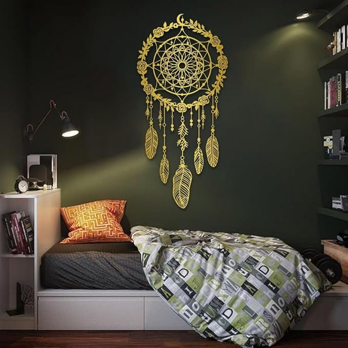 Maclou Metal Dream Catcher Wall Decor, Metal Feather Wall Art, Boho Dream Catcher Wall Decor for Living Room, Bedroom, Girls Room (White,19x9 inch / 47x22 cm)