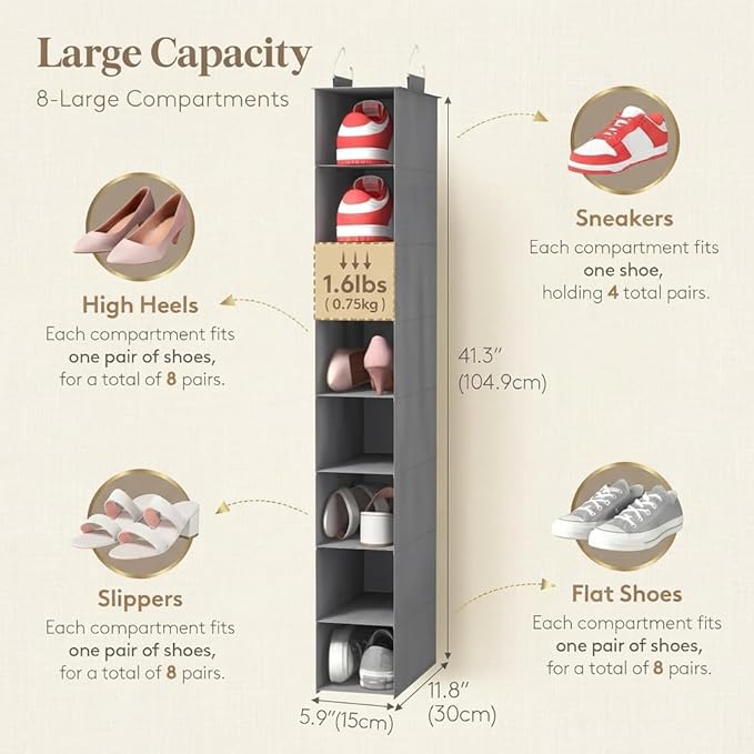 Lifewit 8 Tier Shoe Hanging Organizer for Closet, Folding Fabric Shoes Storage with Two Sturdy Hangers, Hanging Shoe Organizers for Shelves, Wardrode, Dorm, 11.8" L X 5.9" W X 41.3" H, Gray