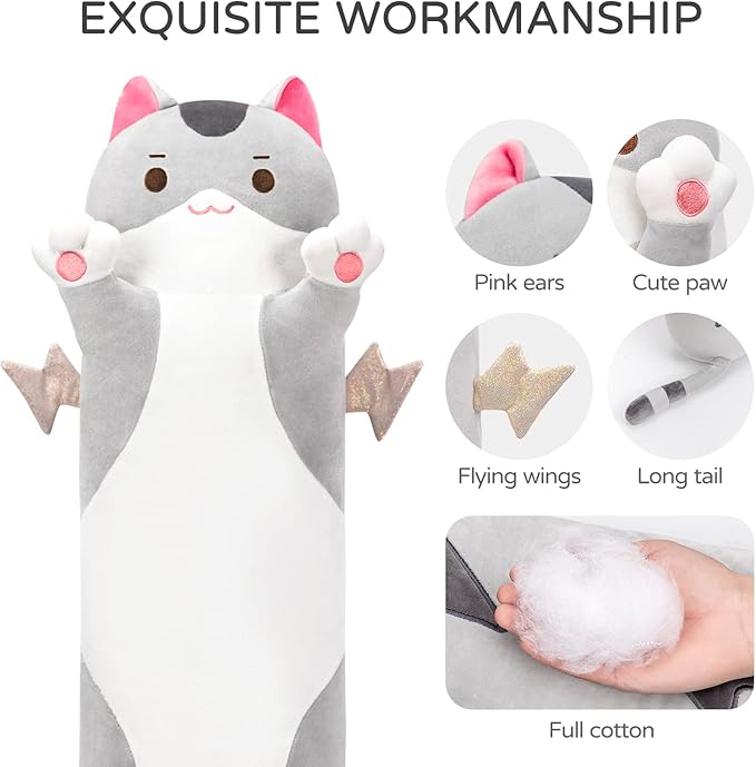 Mewaii Long Cat Plush 5 Sizes, 120% Extra Filling Giant Plushness Kids Body Pillow, Kawaii Cute Grey Cat Stuffed Animals Plushies, Big Long Body Pillow Cat Plush Gift for Girls 44”