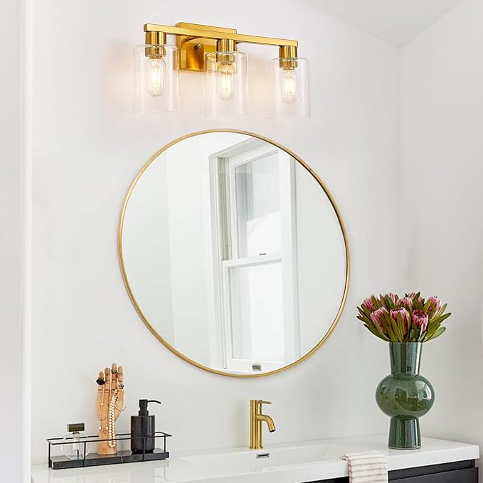 Gold 3-Light Bathroom Vanity Light, Modern Brushed Gold Vanity Lights with Clear Glass Shades, Bathroom Wall Sconce Lamp for Mirror Living Room Bedroom Hallway