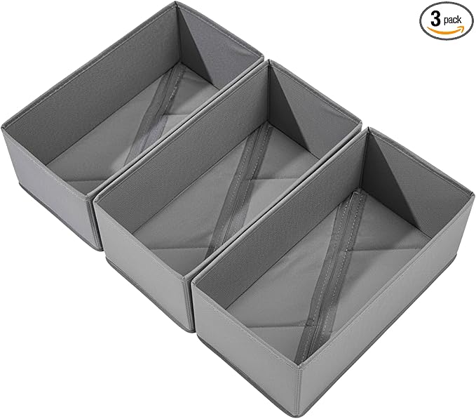 Sock Drawer Organizer 3 Pack - Collapsible Fabric Storage Bins for Underwear Divider, Small Closet Organizers with 3 Compartments, Gray