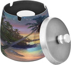 Dreamy Hawaiian Beach Ashtray with Lid, Outdoor Ashtrays for Patio, Stainless Steel Ashtray Odorless Smokeless for Home Office Balcony