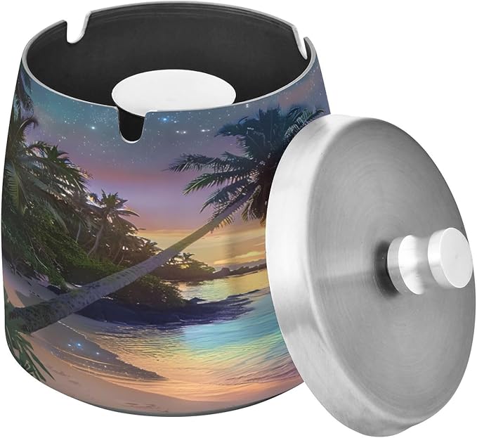 Dreamy Hawaiian Beach Ashtray with Lid, Outdoor Ashtrays for Patio, Stainless Steel Ashtray Odorless Smokeless for Home Office Balcony