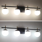 4-Light Modern Vanity Light for Bathroom, Black and Gold Bathroom Lighting Fixtures Over Mirror, White Frosted Glass Vanity Lights Globe Wall Lamp Sconces for Hallway Stairway Living Room