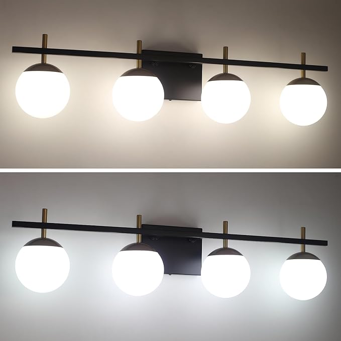 4-Light Modern Vanity Light for Bathroom, Black and Gold Bathroom Lighting Fixtures Over Mirror, White Frosted Glass Vanity Lights Globe Wall Lamp Sconces for Hallway Stairway Living Room