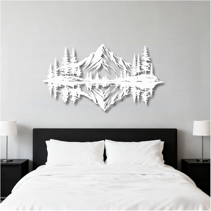 Metal Mountain Wall Art, Pine Trees And Hills Metal Decor, Mountain And Forest Metal Wall Decor, Horizontal Metal Wall Sculpture, Large Nature Wall Art(White,41x23in/105x58cm)