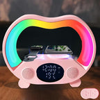 IHAO 6in1 Wireless Charging Station with Bluetooth Speaker Time&Temperature Display Alarm Clock 7-Color LED Night Lights Fast Charger for Phone, Apple Watch, Earbuds Remote Control Auto Shutoff-Pink
