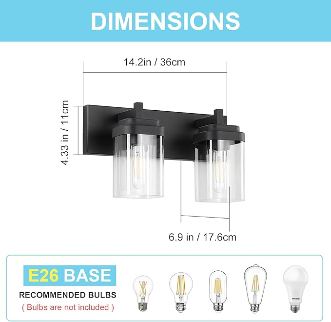 Vanity Light Fixture,2-Light Vanity Light for Bathroom,Matte Black Bathroom Vanity Lighting Over Mirror with Square Clear Glass Shade for Restroom