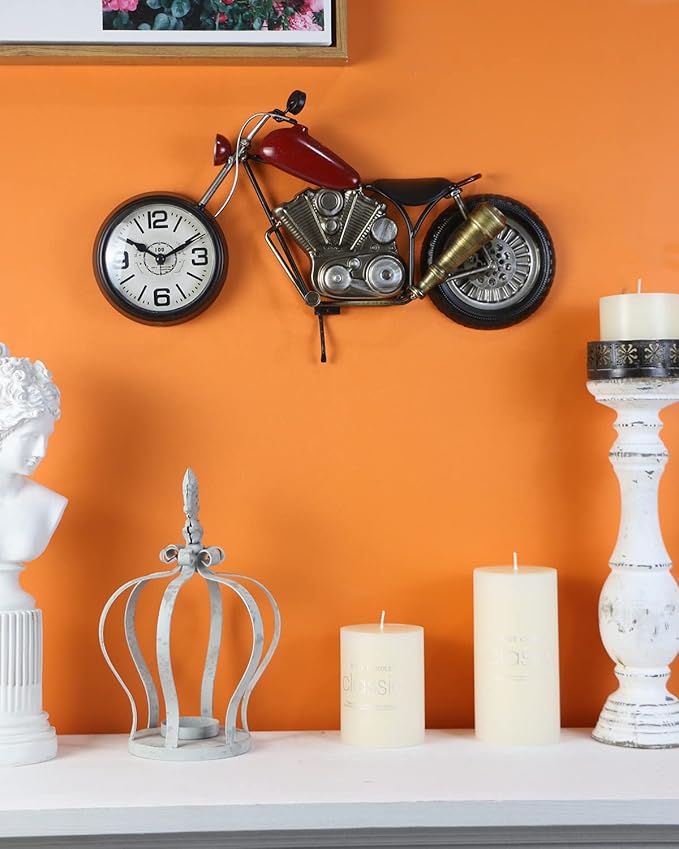 Vintage Motorcycle Desk Clock, Red, Battery Operated, 17.3 in L, 2.5 in W, 7.8 in H