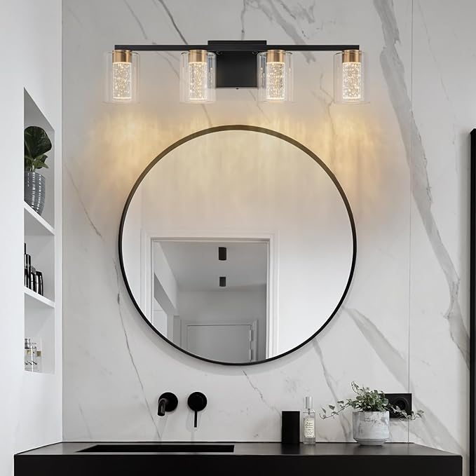 SineRise 4-Light Black and Gold Vanity Light with 3 Color Modes (3000K/4000K/6000K), Eye Protection LED Bathroom Light Fixture, Dimmable Modern Wall Light Over Mirror with Clear Glass Shade