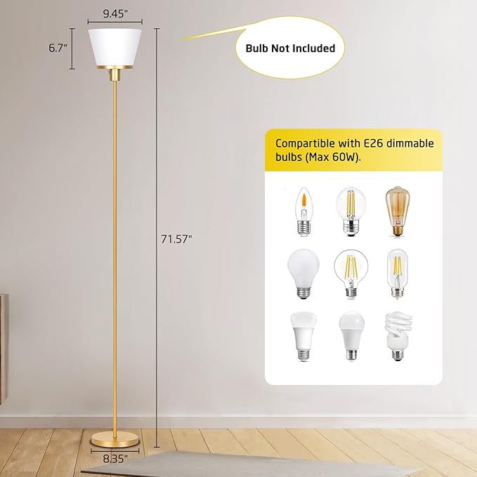 Standing Lamp for Bedroom, Gold Floor Lamp with White Plastic Shade, Modern Tall Standing Lamps Bright Floor Lamp for Living Room Office, Bulb Not Included.