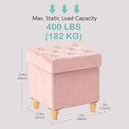 CAROLMADE Folding Storage Ottoman Cube Velvet Footstool with Wood Legs Ottoman Footrest for Living Room and Bedroom Pink, 15"x12.6"x15.4"