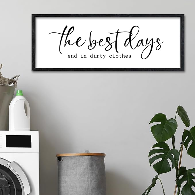 Surfapans Laundry Room Wall Decor The Best Days End In Dirtiest Clothes Sign 32"×12" Funny Rustic Farmhouse above the Bathtub Large Modern Wood Framed Plaque Wall Art Hanging (Black)