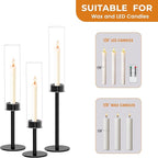 Black Taper Candle Holder Set with Glass Hurricane – Modern Candlestick Holders for Dining Room, Premium Gift Set for Wedding, Fall Centerpieces for Tables, Warmly Gift for Home Decor, Christmas Decor