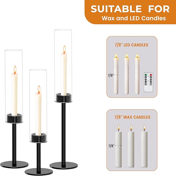 Black Taper Candle Holder Set with Glass Hurricane – Modern Candlestick Holders for Dining Room, Premium Gift Set for Wedding, Fall Centerpieces for Tables, Warmly Gift for Home Decor, Christmas Decor