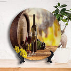 Decorative Plates, Wine Print Ornament, Red and White Wine Bottle Glass on Wooden, 10 Inch, Kitchen Wall Decor, Brown Light Green Yellow
