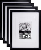Egofine 11x14 Picture Frames Set of 4, Made of Solid Wood Covered by Plexiglass 5x7 and 8x10 with Mat or 11x14 without Mat, for Table Top Display and Wall Mounting Photo Frame Black