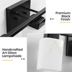 3-Light Square Bathroom Light Fixture, Matte Black Modern Vanity Light with White Marble Glass Shade, for Bathroom Mirror, Living Room, Bedroom, Hallway, E26 Base