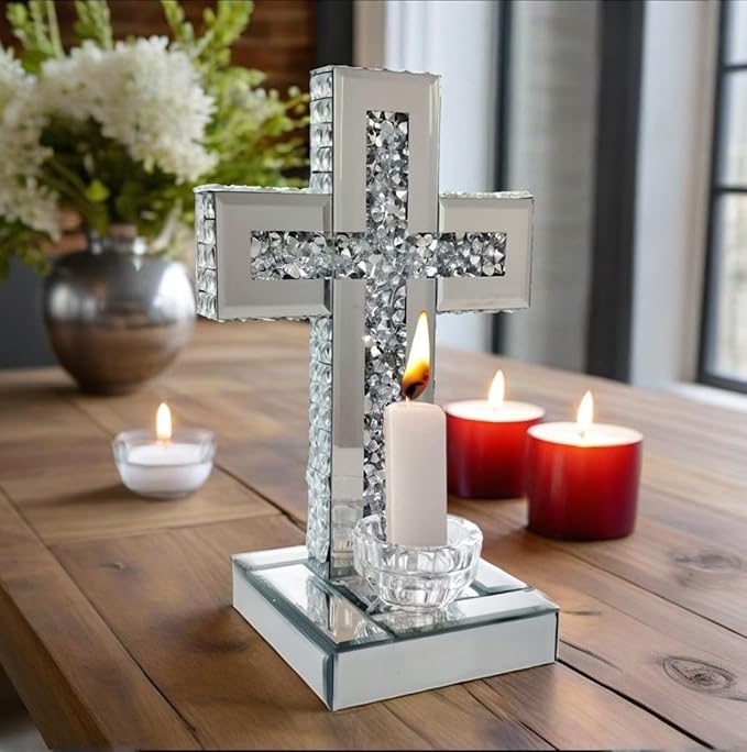 GIMORRTO Mirrored Cross Wall Decor, Crushed Diamond Crystal Glass, Religious Wall Art (Small tabletop with candle holder)