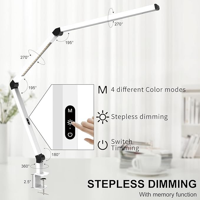 Micomlan LED Desk Lamp with Clamp, Dual Light Table Lamp with Adjustable Swing Arm, Eye-Care 4 CCT Modes & 5 Brightness Levels Clip-on Architect Modern Desk Light for Home Office Crafting Sewing