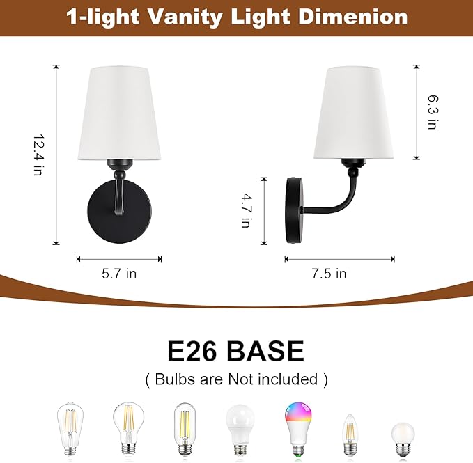 Modern Wall Sconces Set of 2, Hardwired Wall Lights with Flared White Fabric Shade, Matte Black Wall Lamps for Bedroom Bedside Stairway Bathroom Living Room(ETL Listed)