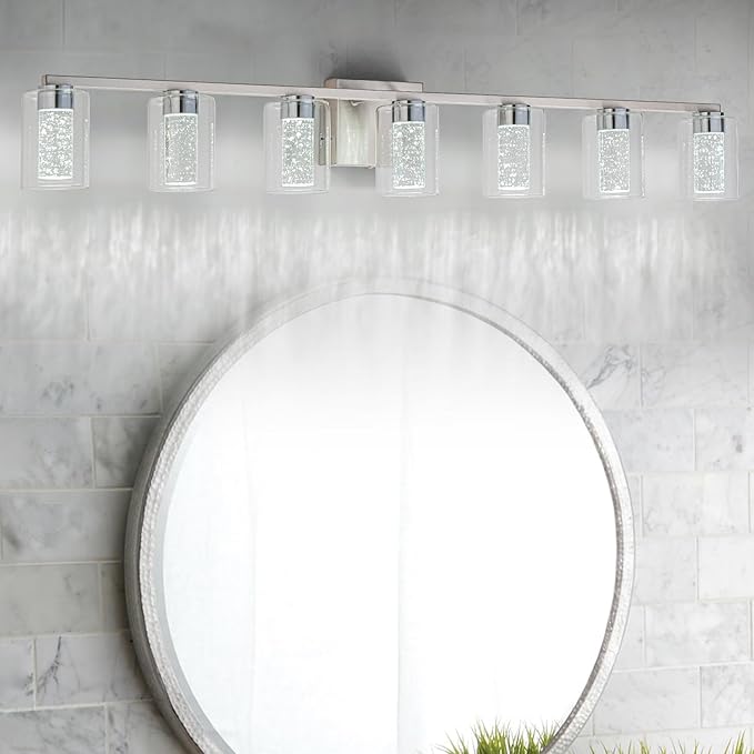SineRise 7-Light Brushed Nickel Vanity With 3 Color Modes (3000K/4000K/6000K), Eye Protection LED Bathroom Fixture, Dimmable Modern Wall Light Over Mirror With Clear Glass Shade