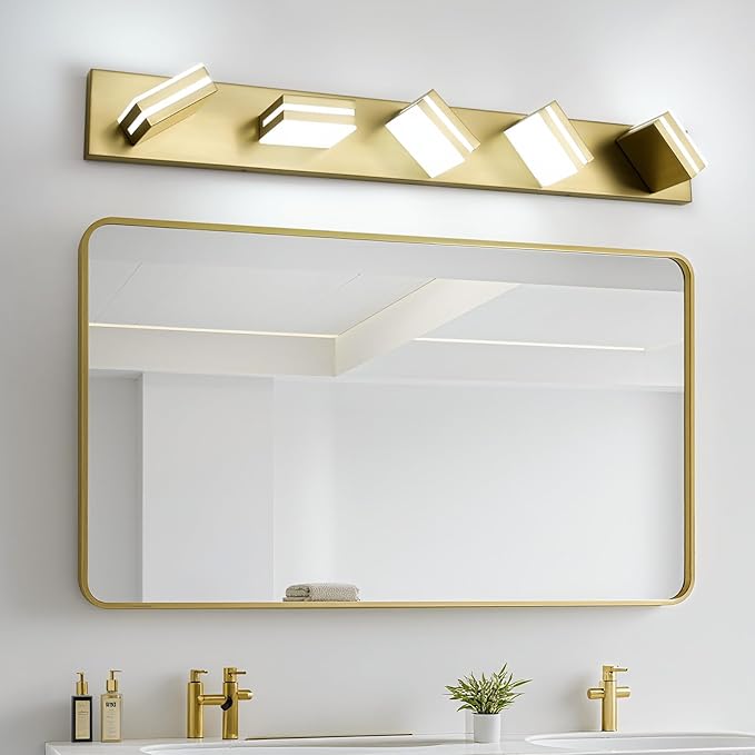 OKELI 5-Light Bathroom Vanity Light Gold Modern LED Vanity Light Over Mirror Dimmable Mirror Front Lamp with 350° Adjustable Lamp Head ETL Listed 32W 6000K Cold White