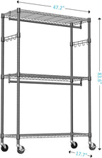 IZEUK Heavy Duty Rolling Garment Rack with 3 Adjustable Wire Shelves, Hanging Rod & Side Hooks - Extra Large Mobile Clothes Rack with Wheels, 47.2" W x 17.7" D x 83.6" H, Black