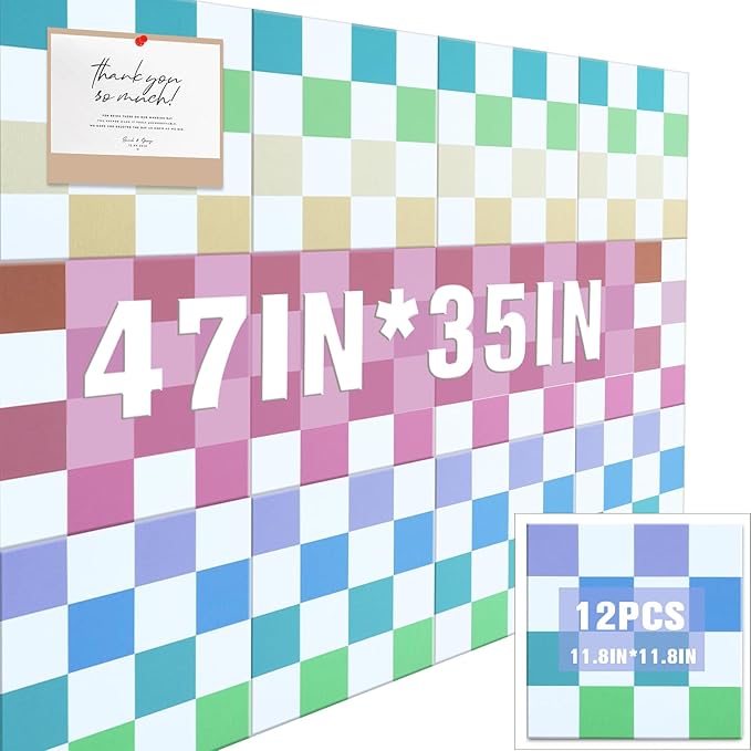 Geyoga 12 Pcs Cork Board for Wall 12 x 12 Inch Retro Colorful Checkered Bulletin Board Acoustic Wall Panels Boho Felt Tiles Cute Self Adhesive Hanging Decor for Office Home Classroom (Colorful Plaid)