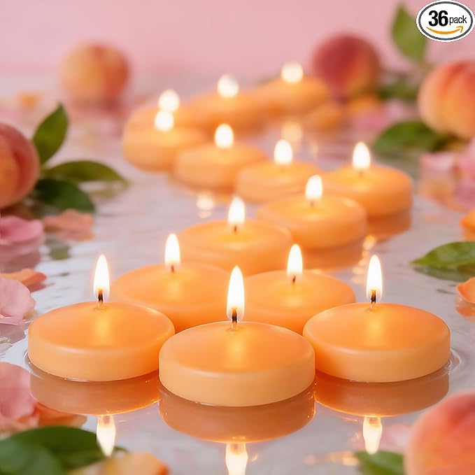 36 Packs 3 Inch Honey Peach Scented Floating Candles, 8-10 Hours Burn Time Sweet Peach Highly Scented Floating Candles for Home, Pool, Bathtub, Relaxation, Party, Centerpiece