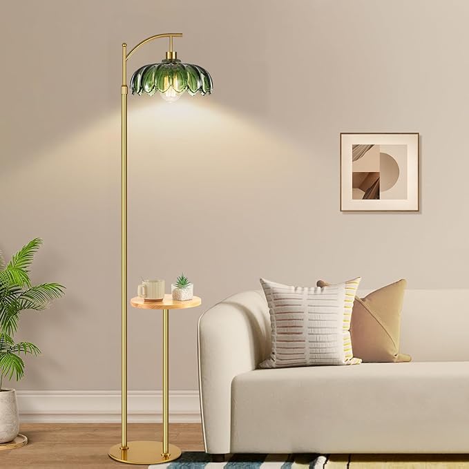 Glass Floor Lamp with Table and Shelves for Living Room Bedroom,Gold Standing Lamp with Remote Dimmable,Boho Brass Tall Lamp Vintage Farmhouse Arc Green Flower Floor Light Bohemian