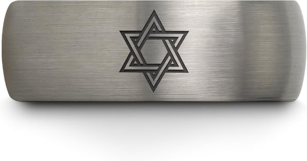 Mezuzah star Of David Ring - Gift for Jewish Family - Flat Dome Bevel - 8mm - Men Women - Yellow Gold Black Silver Blue - Anniversary Wedding - Personalized Custom Engraving - Band - Brushed Polished