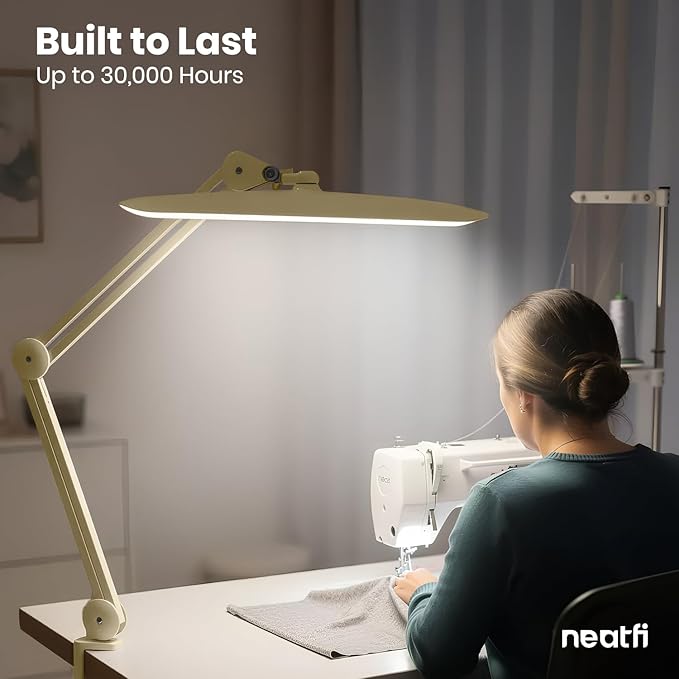 Neatfi XL Nail Desk Lamp with Clamp, 2200 Lumens, 20-Inch Wide Head, Dimmable 4 Levels, 3 Color Modes 3000K–6000K, LED Task Light for Manicure Table, Crafts, Workbench, Office (CCT, Gold)
