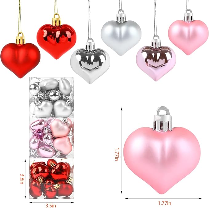 CCINEE 36pcs Valentine's Day Heart Shaped Ornaments, Red Pink Silver Plastic Heart Shaped Baubles Romantic Valentine's Day Hanging Decorations for Home Valentine Tree Wedding Anniversary Party