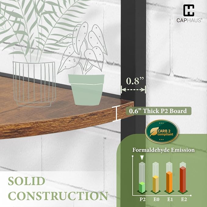 CAPHAUS 5 Tier Corner Shelf, 59.1-Inch Tall Bookshelf, Display Rack With Metal Frame, Round Shelf Unit, Stand for Bathroom, Living Room, Home, Office, Rustic Oak