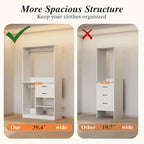 Flrrtenv Organizer with 2 Wooden Drawers and Pull-out Pants Organizer Rod, Walk-in Wood Closet Organizer Wardrobe Clothes Rack with 3 Hanging Rods, Garment Rack, White