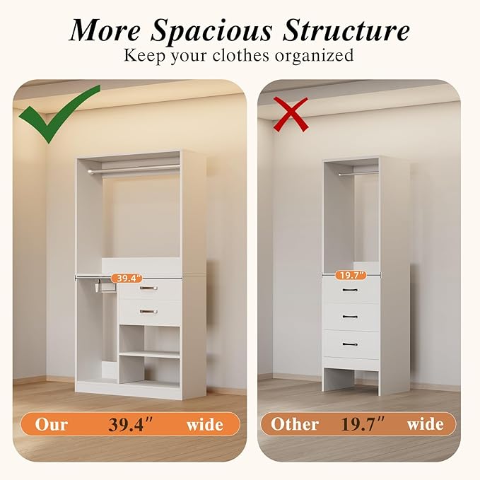 Flrrtenv Organizer with 2 Wooden Drawers and Pull-out Pants Organizer Rod, Walk-in Wood Closet Organizer Wardrobe Clothes Rack with 3 Hanging Rods, Garment Rack, White