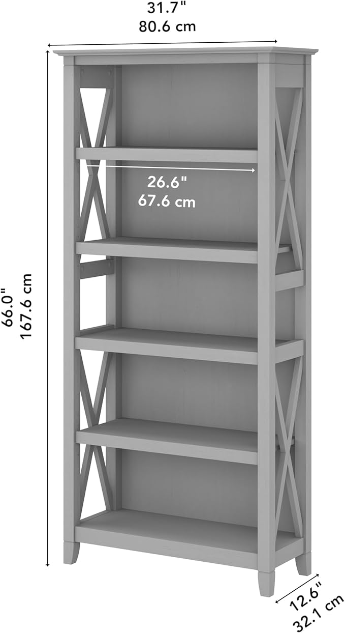 Bush Home Tall 5 Shelf Bookcase for Living Room or Home Office, Large Bookshelf, Modern Farmhouse Style, Key West Collection, Cape Cod Gray