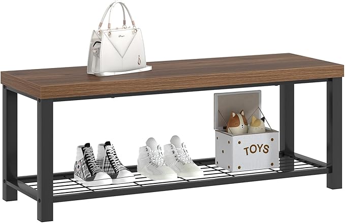 FOLUBAN Shoe Bench, Modern Wood and Metal Storage Bench for Entryway Hallway, Industrial Indoor Bedroom Bench Seat for Living Room, Mudroom, Rustic Walnut, 47 Inch