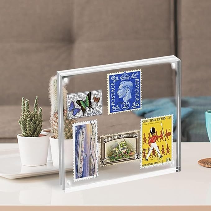 HELPLEX 5 Pack 4x4 Acrylic Picture Frames, 20mm Thicker Frameless Clear Frame Double Sided Magnetic Frame, Free Standing Desktop Display Stand Acrylic Frames