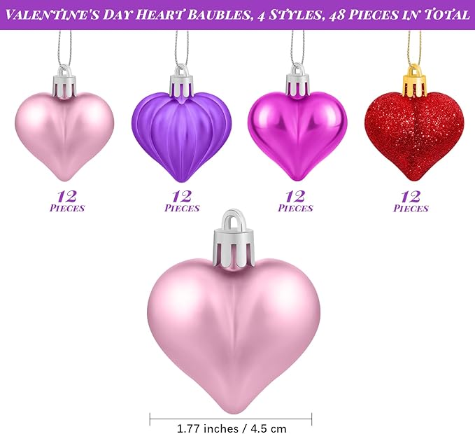 Elcoho 48 Pieces Valentine's Day Heart Shaped Baubles Hanging Heart Ornaments Valentines Tree Decorations for Valentines Day Ornaments Party Wedding Anniversary Decor, Red, Hot Pink, Pink, Purple