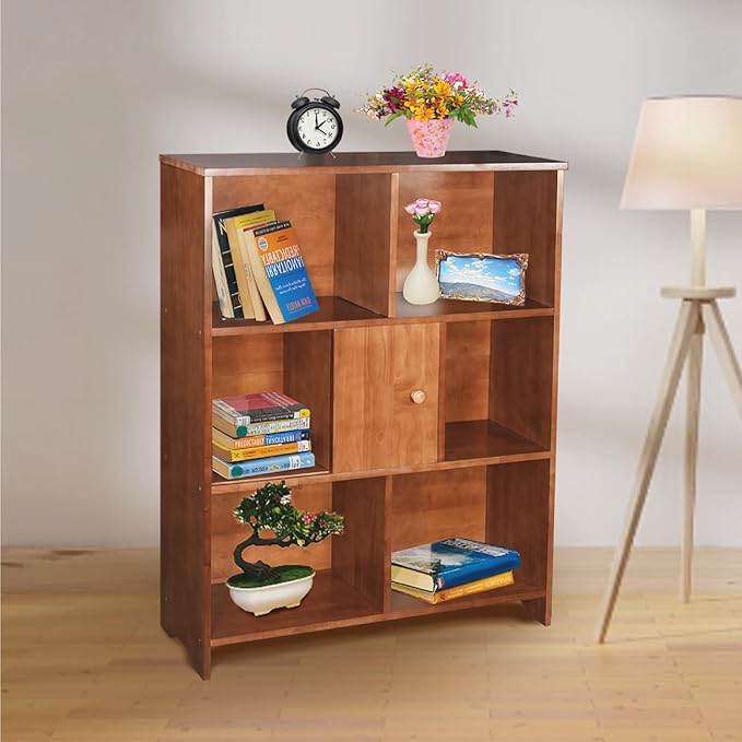 Brown Bookcase by Natural Wood, 7 Cube Bookshelf, Small Book Shelves Freestanding Display Storage Shelves. Open Bookshelf for Bedroom, Living Room and Office (Brown, 7 Cube)