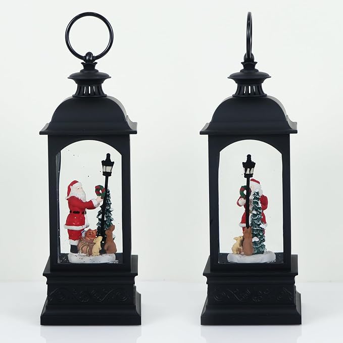 Eldnacele Santa Music Snow Globe Lantern with 6 Hour Timer, Battery Operated & USB Powered Singing Lighted Lamp Swirling Water Glittering Christmas Decoration Holiday Decor Lantern