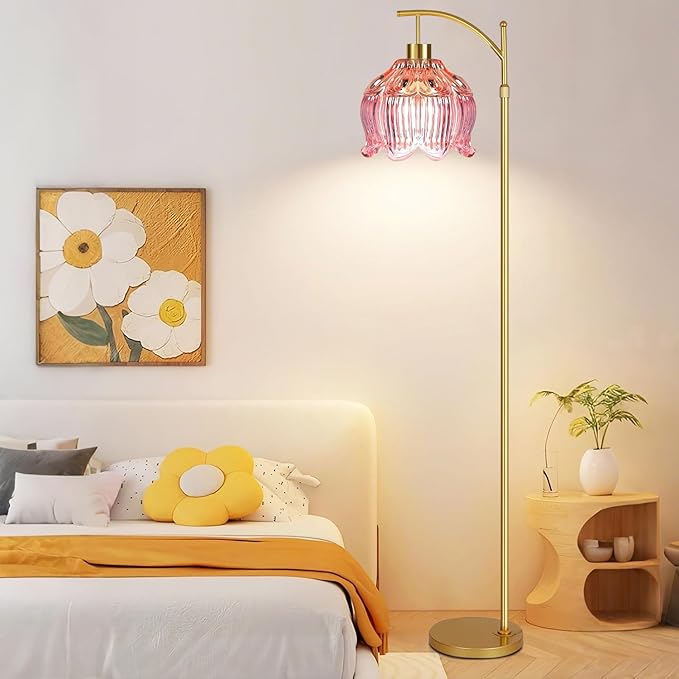 Pink Floor Lamp for Living Room,Bedroom,Glass Gold Dimmable Standing Lamp with Remote,Mid Century Modern Brass Tall Lamp Boho Floor Lamps Arc Stained Tulip Flower Floor Light Lamp Bohemian